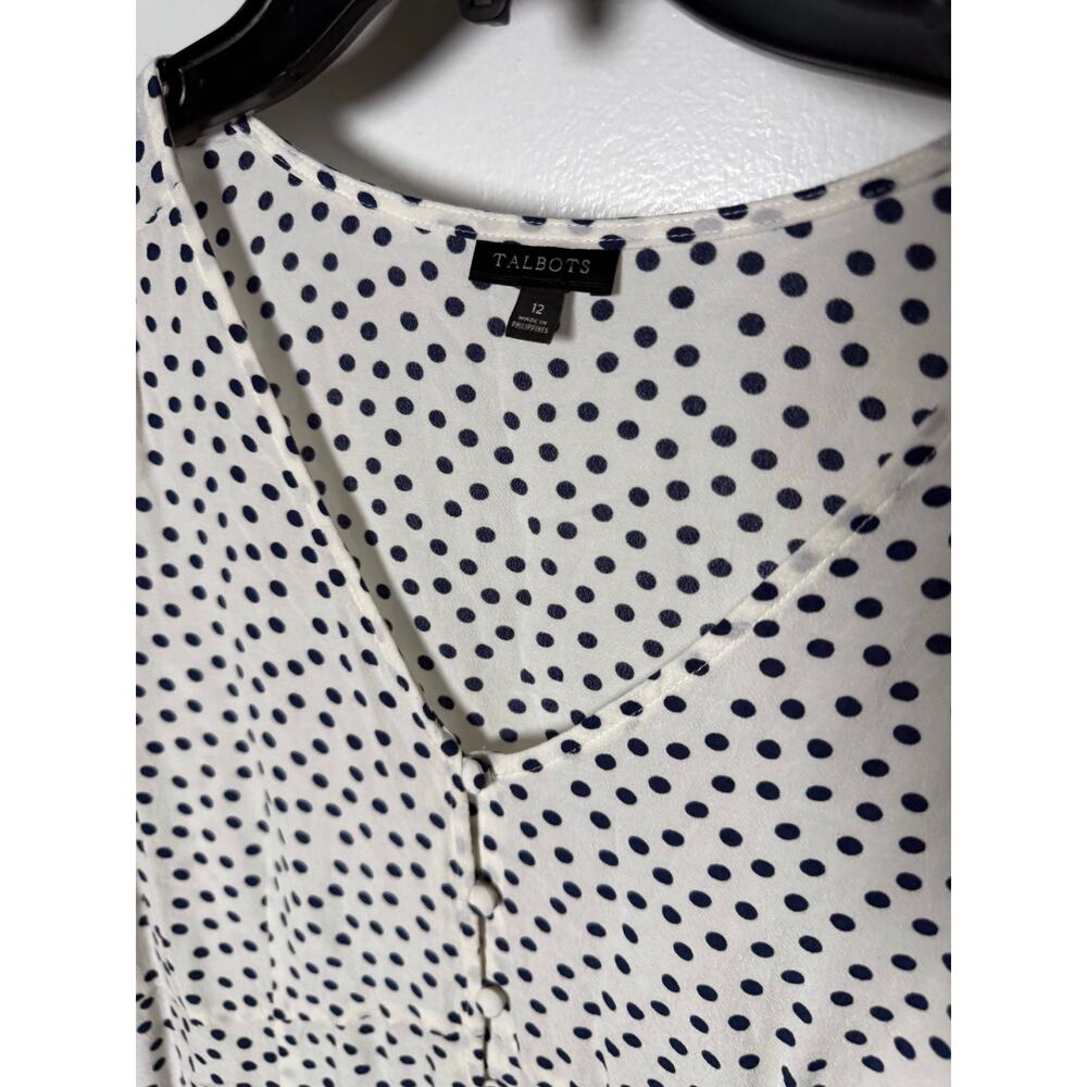 Talbots White Navy Polka Dot V-neck Button Down Blouse Top Size 12 Workwear - Picture 4 of 7